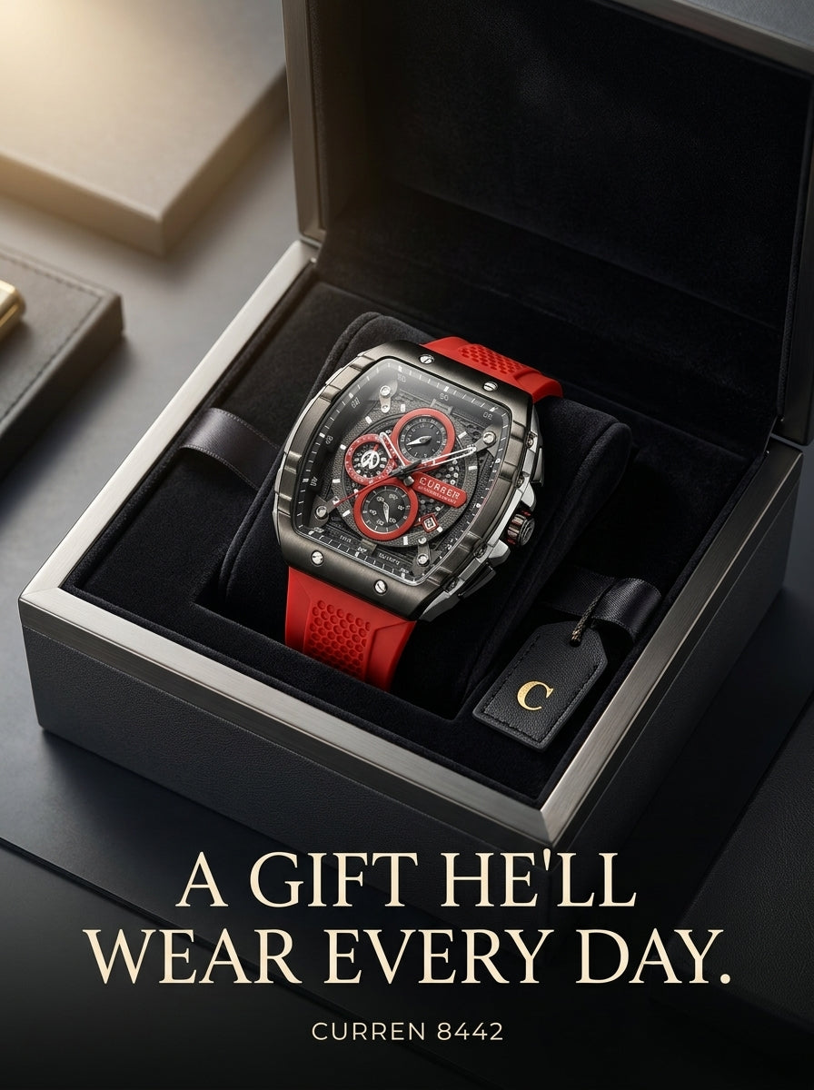 CURREN 8442 Men’s Premium Quartz Watch – Red & Sky Blue Dial