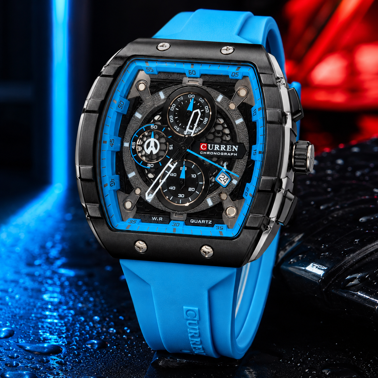 CURREN 8442 Men’s Premium Quartz Watch – Red & Sky Blue Dial