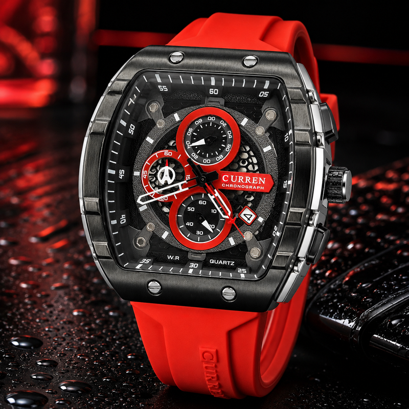 CURREN 8442 Men’s Premium Quartz Watch – Red & Sky Blue Dial detail view